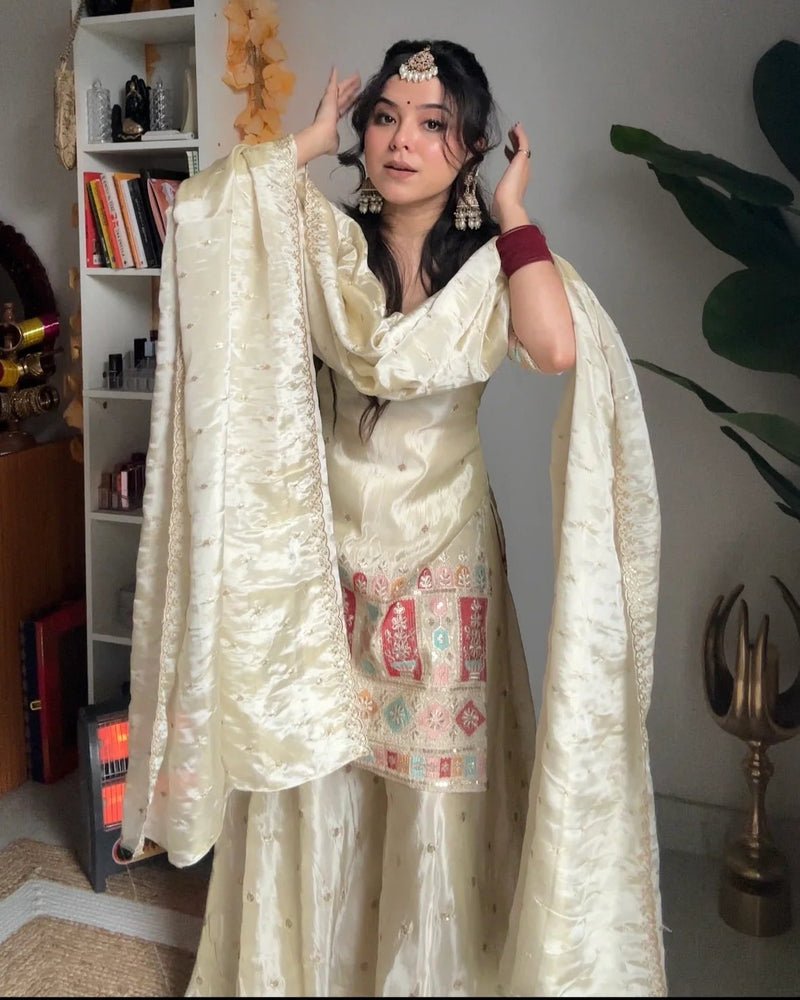 Khushi Silk Heavy Work Off White Sharara Set