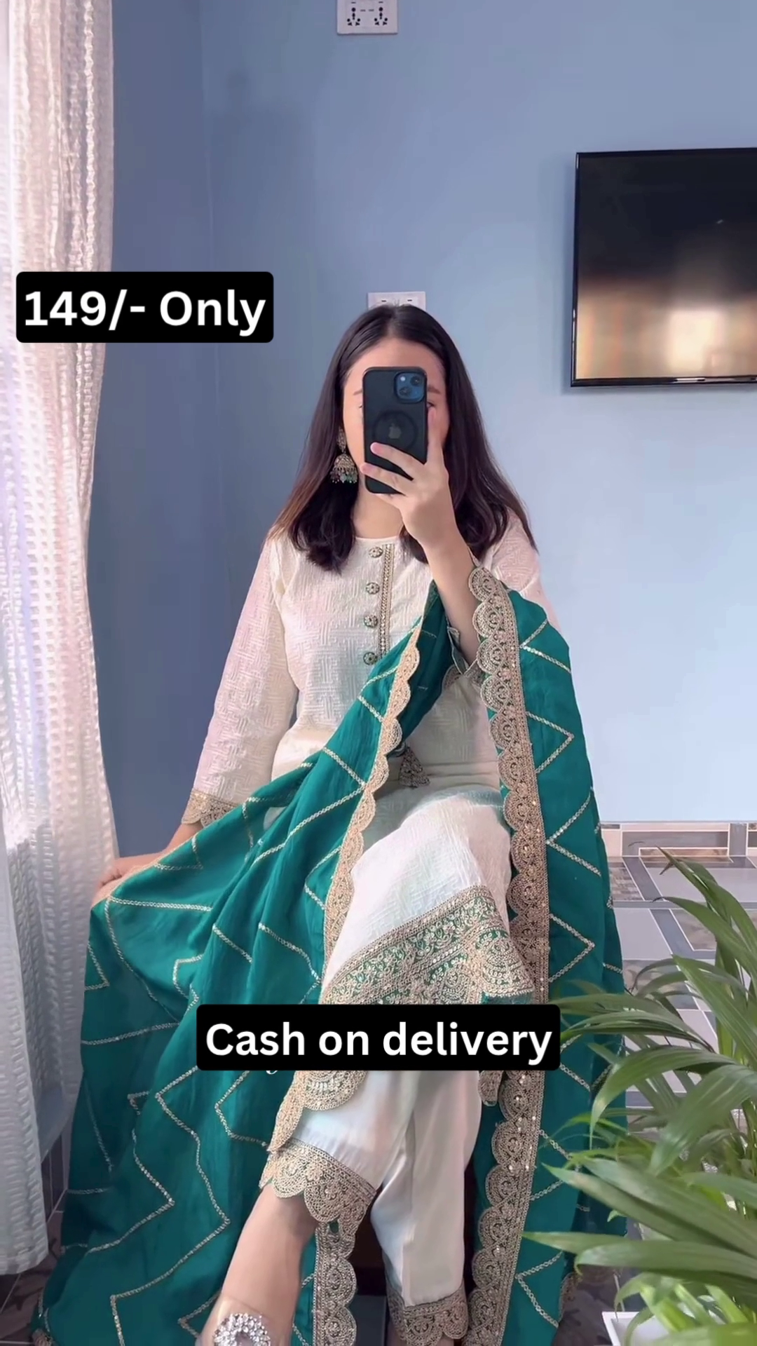 Elegant White & Emerald Suit Set – Festive Grace at 149/- Only | Cash on Delivery