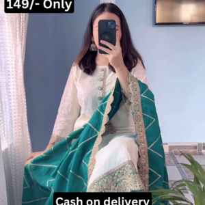 Elegant White Kurta Set with Emerald Green Embroidered Dupatta
