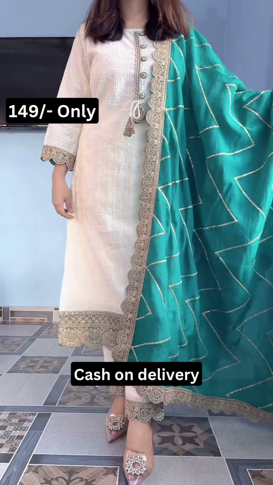Elegant White & Emerald Suit Set – Festive Grace at 149/- Only | Cash on Delivery - Image 6