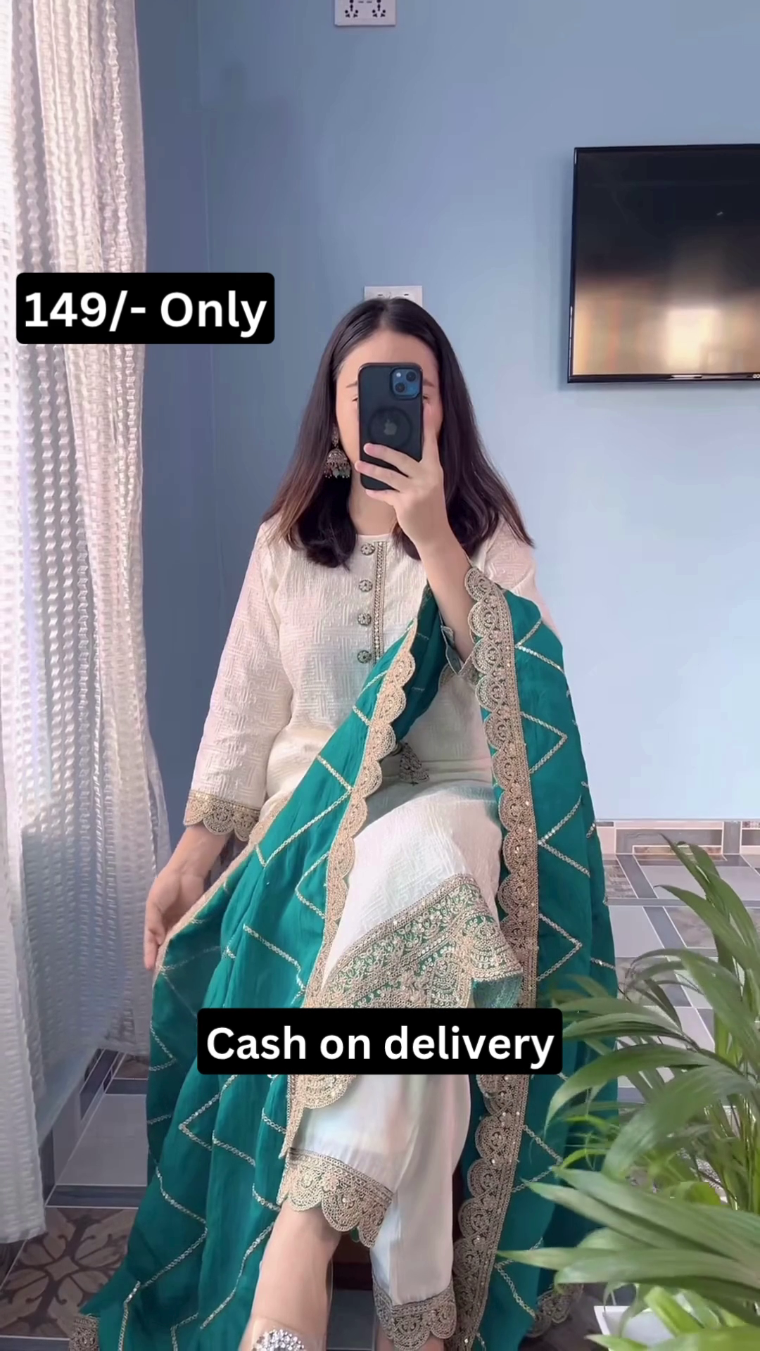 Elegant White & Emerald Suit Set – Festive Grace at 149/- Only | Cash on Delivery - Image 3