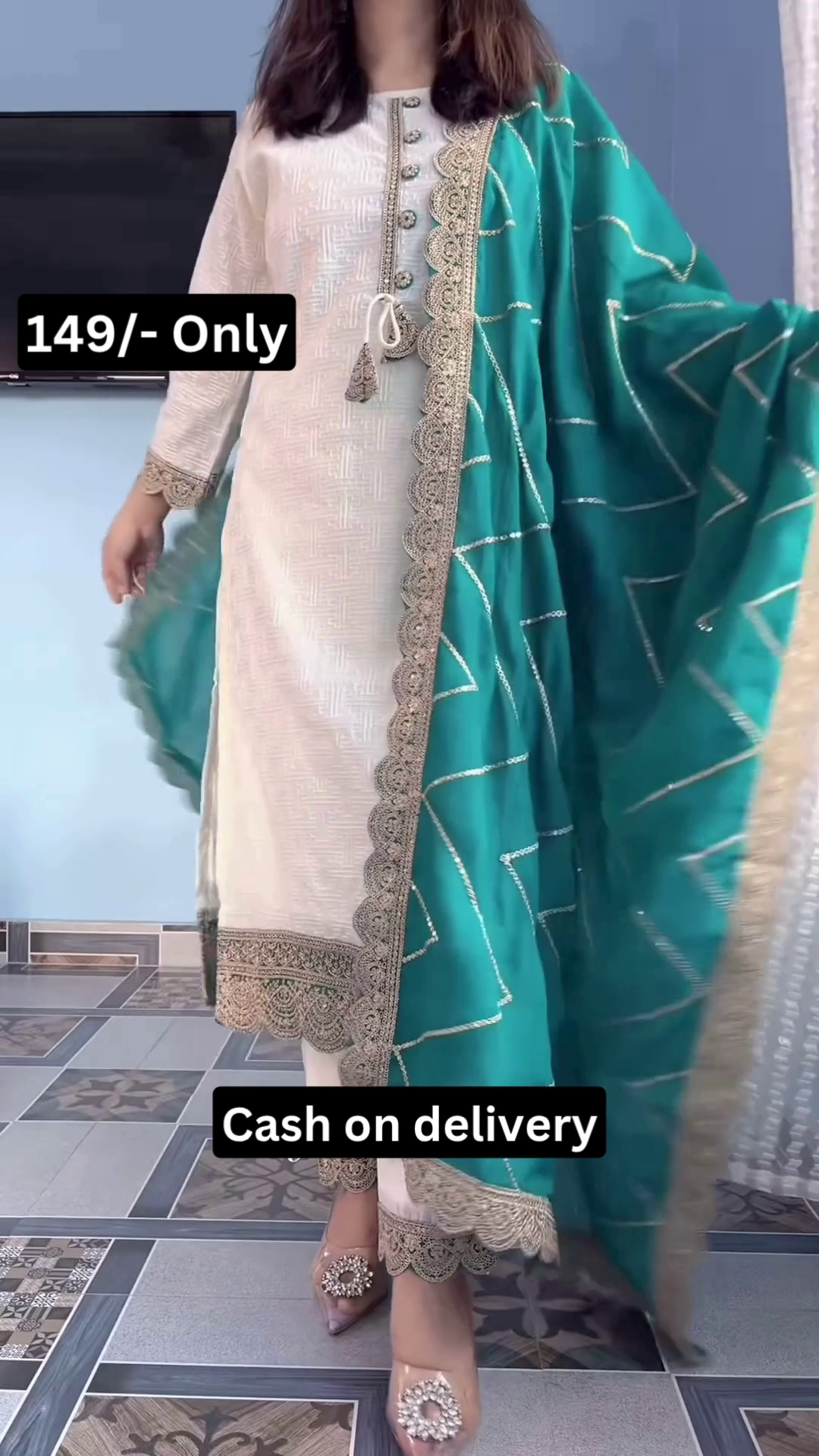 Elegant White & Emerald Suit Set – Festive Grace at 149/- Only | Cash on Delivery - Image 2