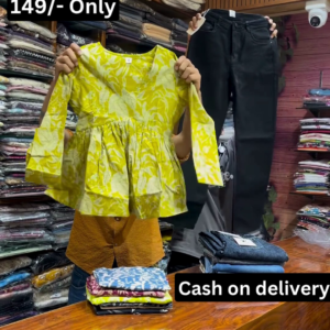Trendy Yellow Printed Top with Classic Black Denim Combo