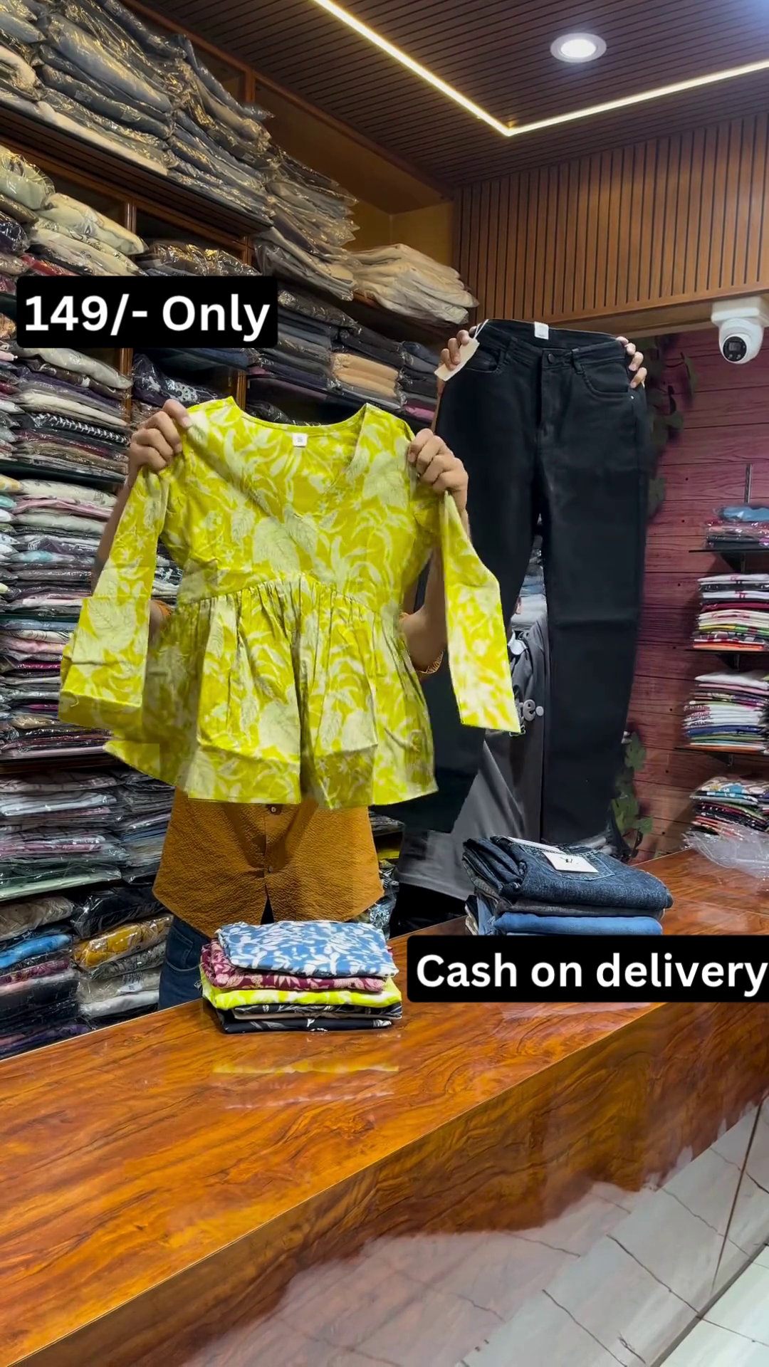 Trendy Yellow Printed Top with Classic Black Denim Combo