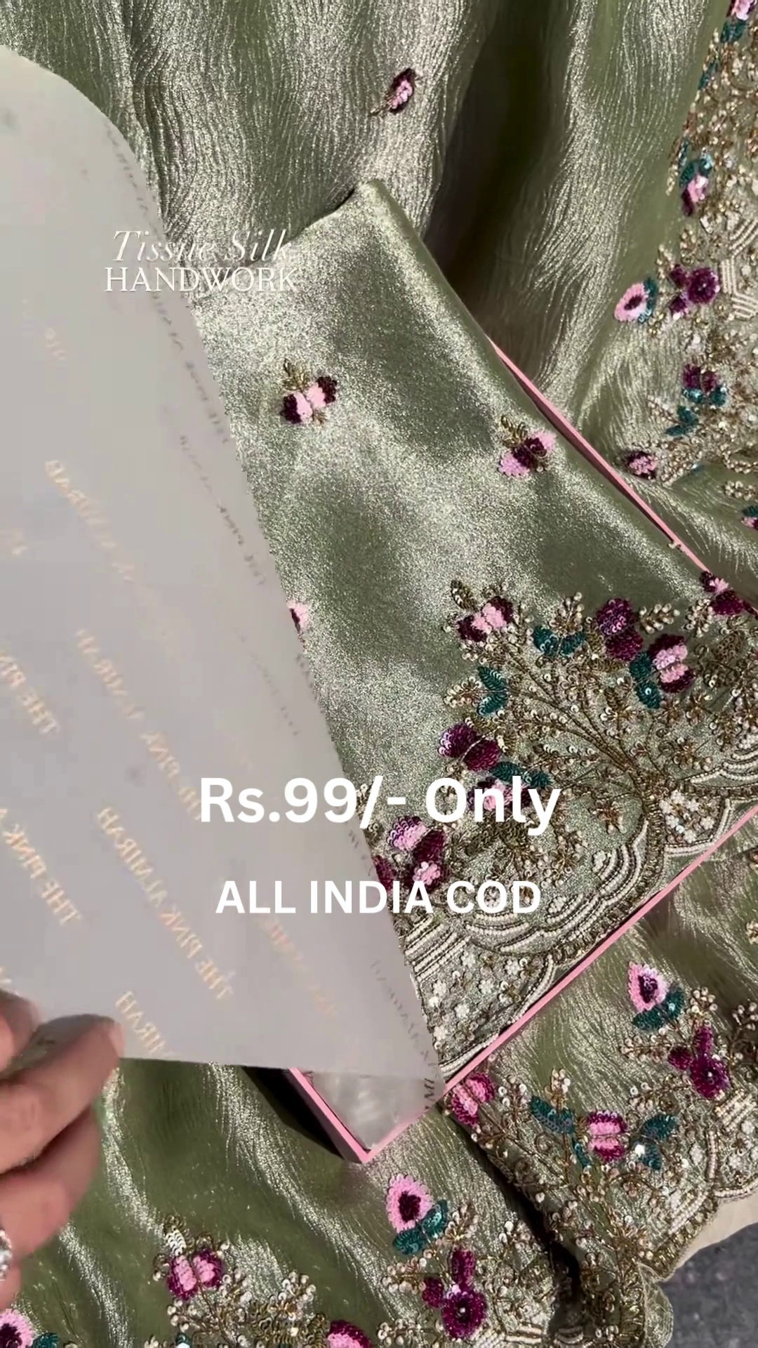 Luxe Olive Tissue Silk Handwork Saree with Floral Embroidery