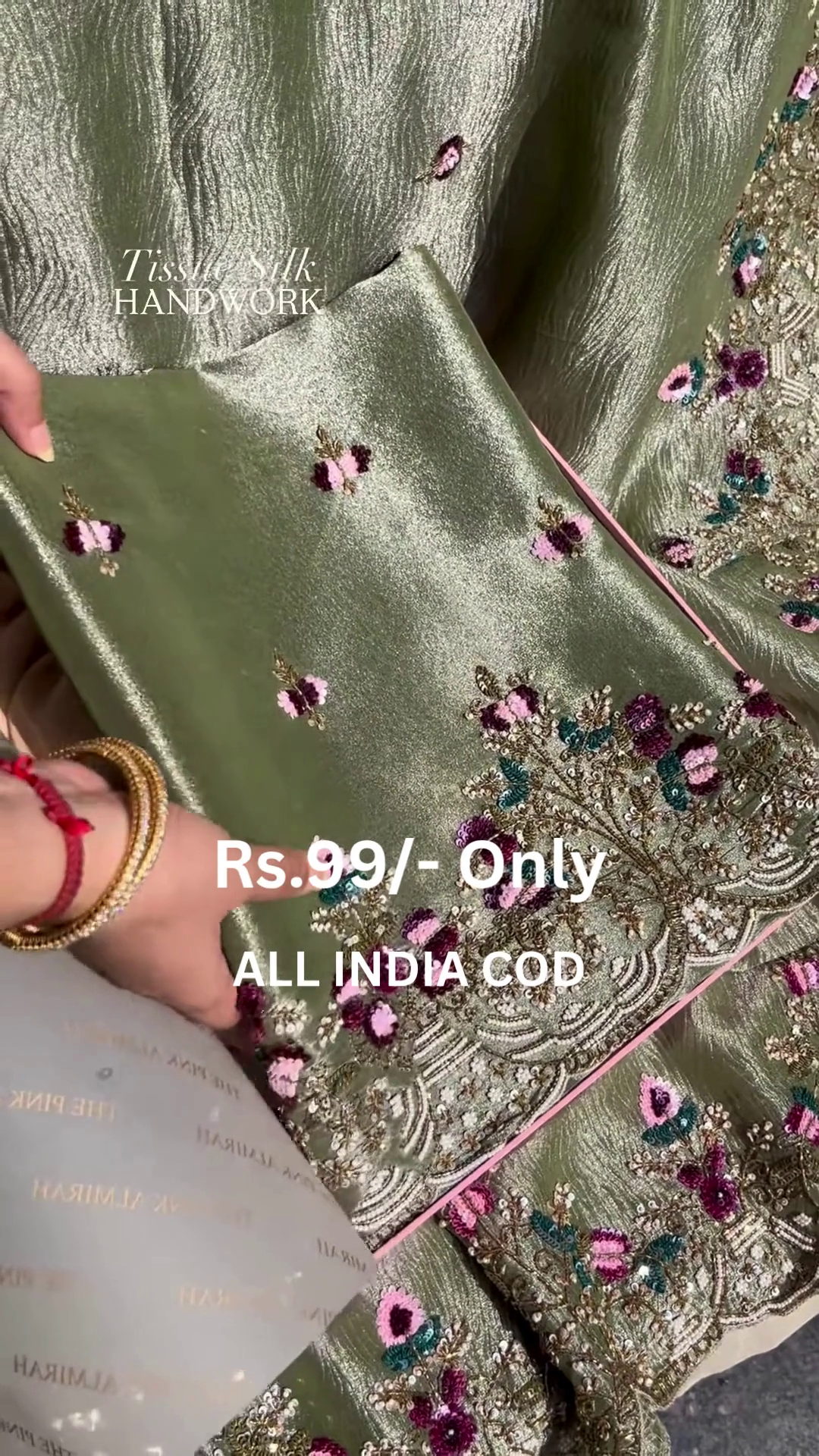 Luxe Olive Tissue Silk Handwork Saree with Floral Embroidery - Image 6