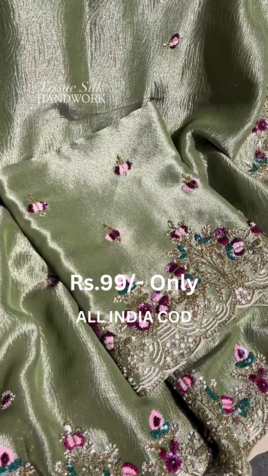 Luxe Olive Tissue Silk Handwork Saree with Floral Embroidery - Image 5