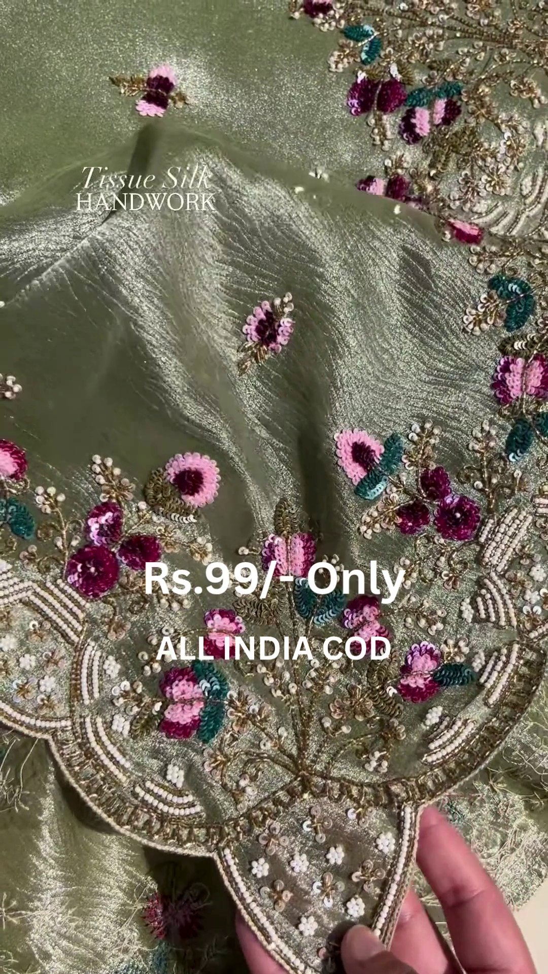 Luxe Olive Tissue Silk Handwork Saree with Floral Embroidery - Image 3
