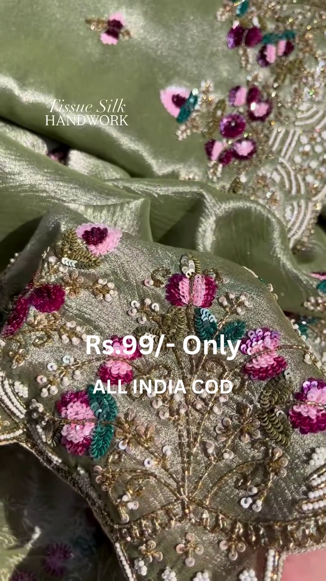 Luxe Olive Tissue Silk Handwork Saree with Floral Embroidery - Image 2
