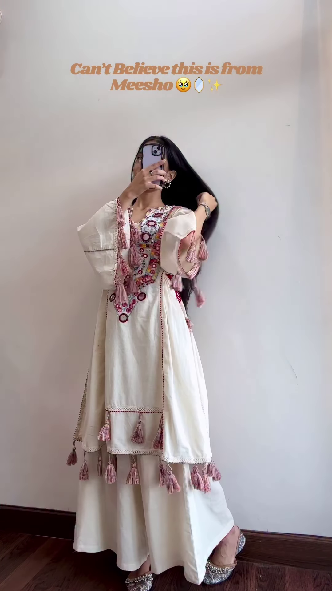 Cream Ethnic Dress with Pink Tassel Detailing