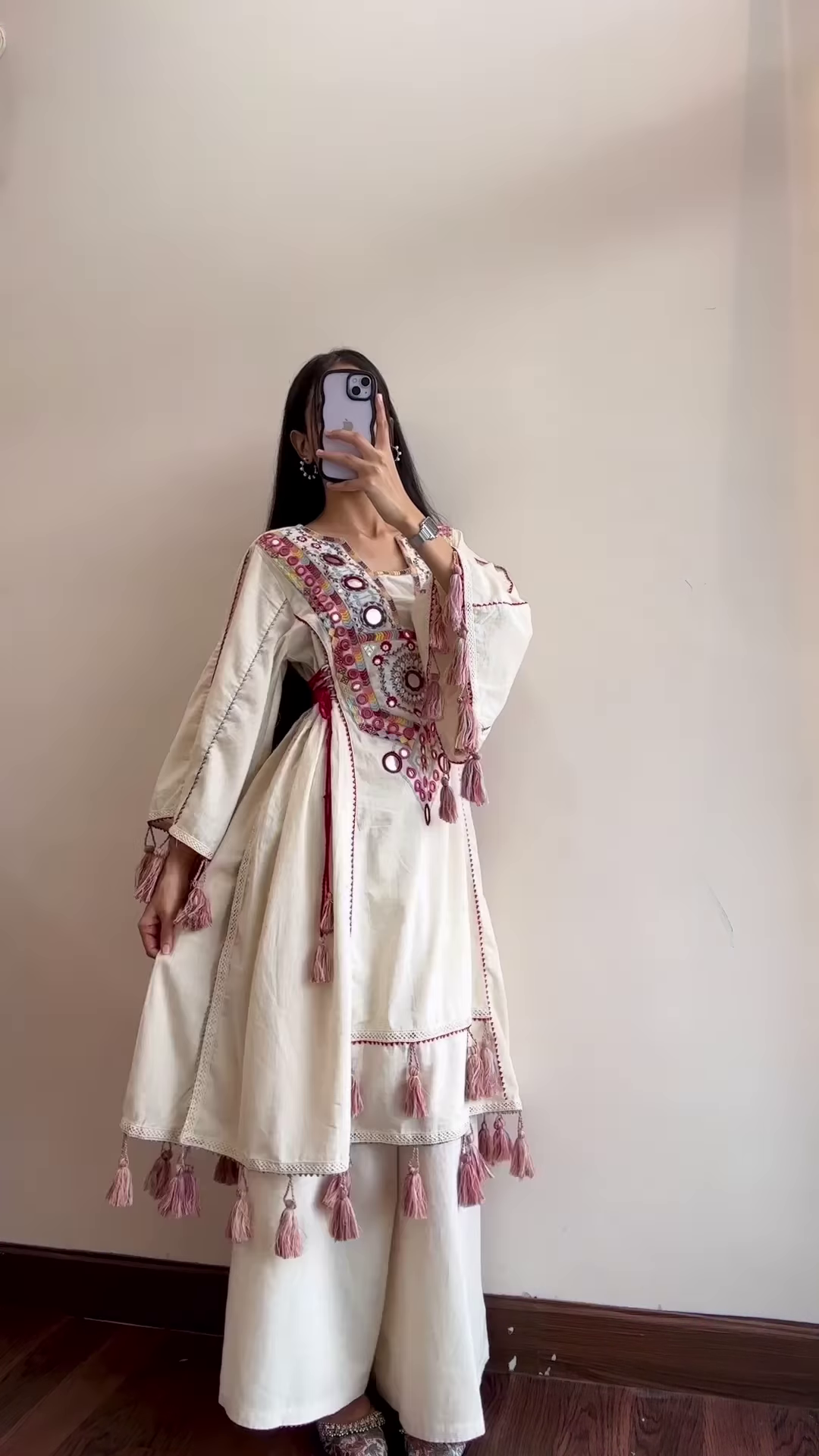Cream Ethnic Dress with Pink Tassel Detailing - Image 6
