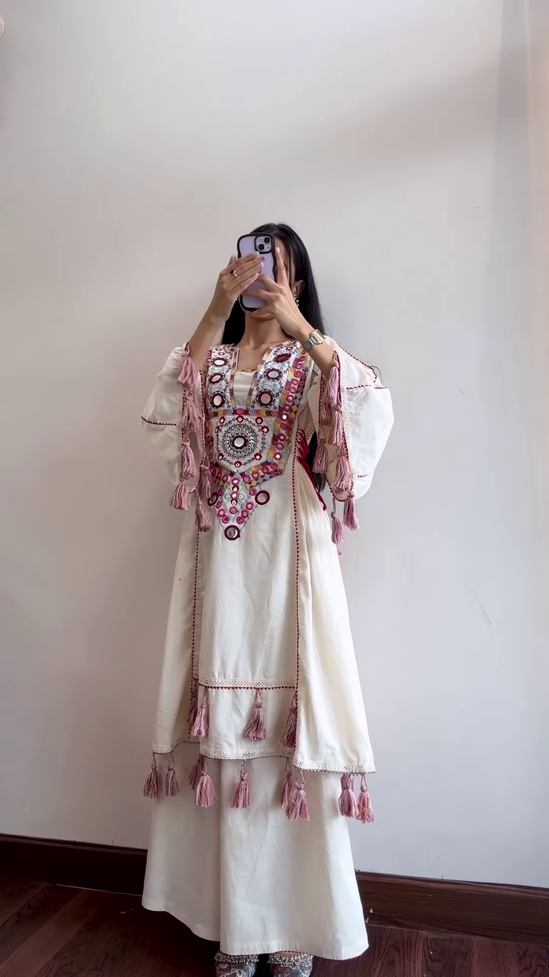 Cream Ethnic Dress with Pink Tassel Detailing - Image 5