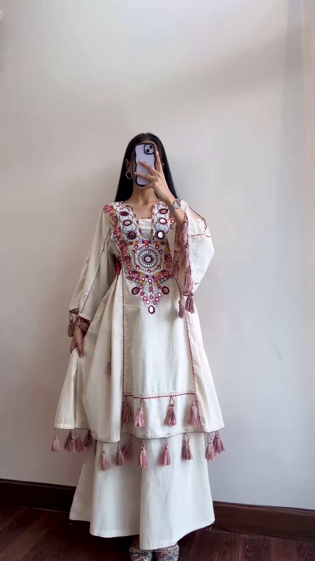 Cream Ethnic Dress with Pink Tassel Detailing - Image 4