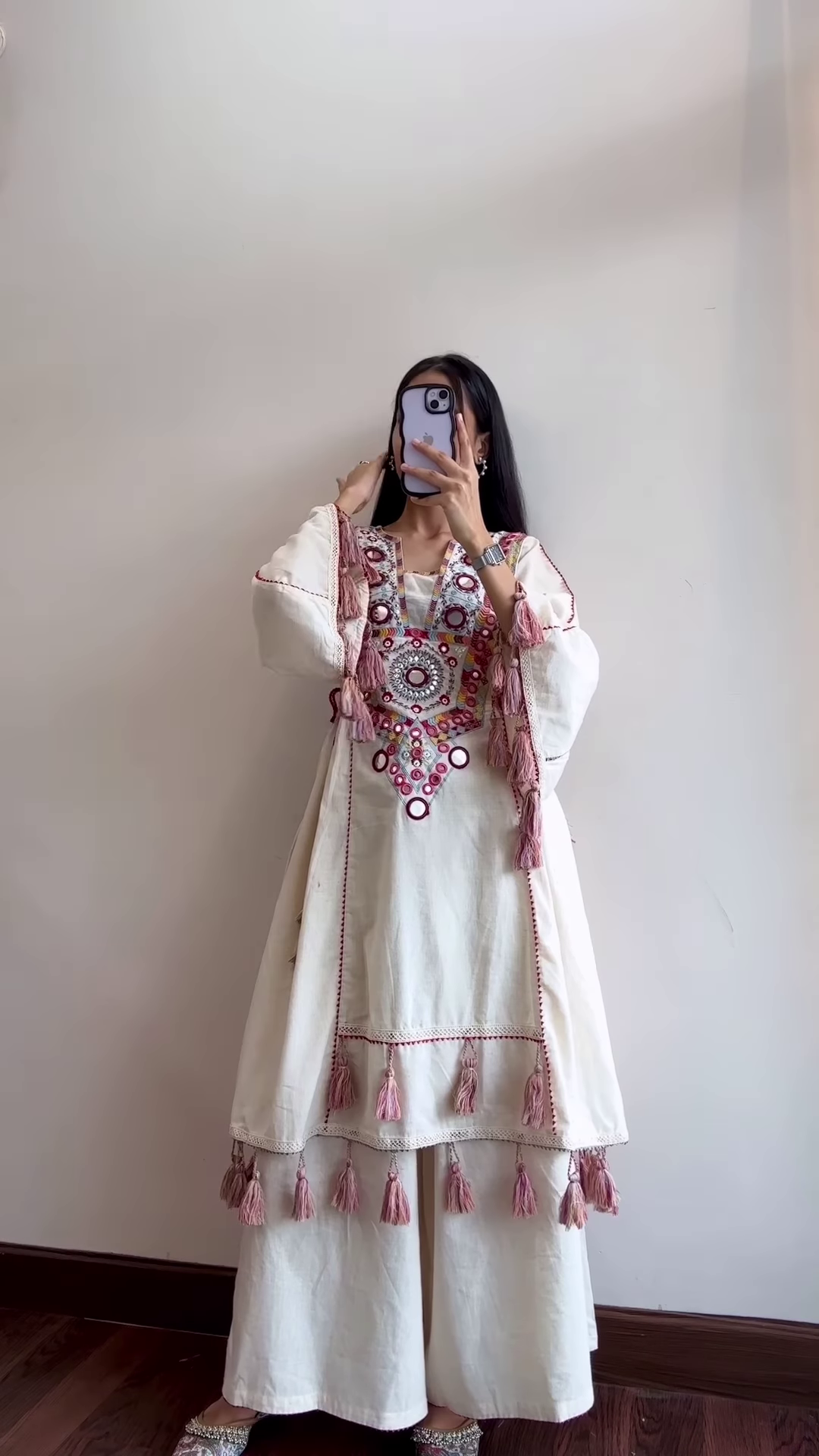 Cream Ethnic Dress with Pink Tassel Detailing - Image 3