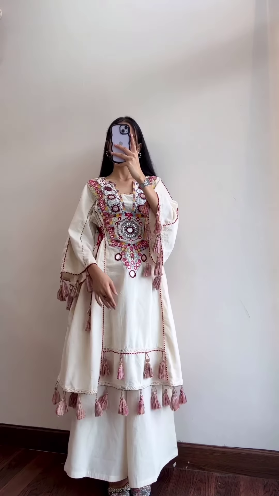 Cream Ethnic Dress with Pink Tassel Detailing - Image 2