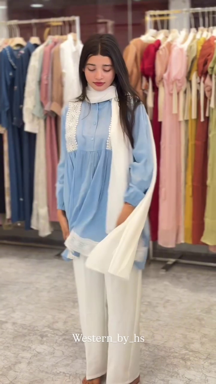 Soft Blue Tunic Set with Delicate White Lace Finish - Image 3