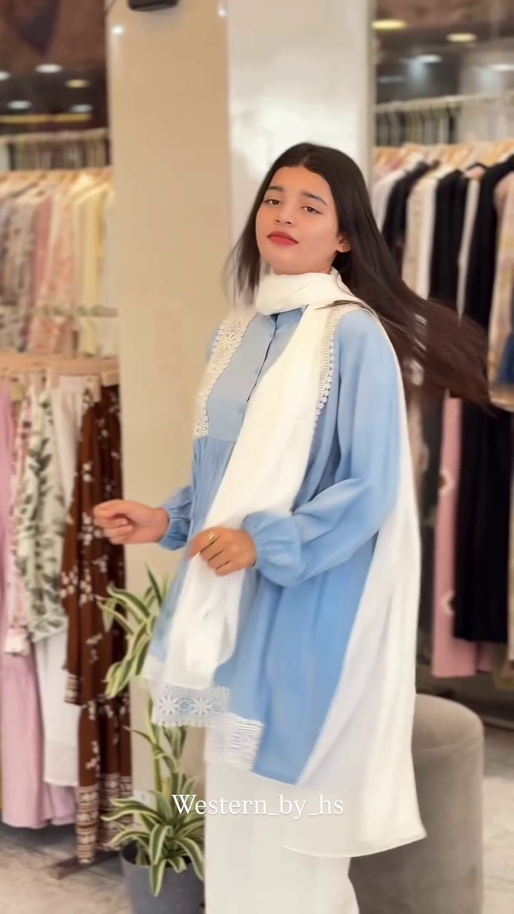 Soft Blue Tunic Set with Delicate White Lace Finish - Image 2