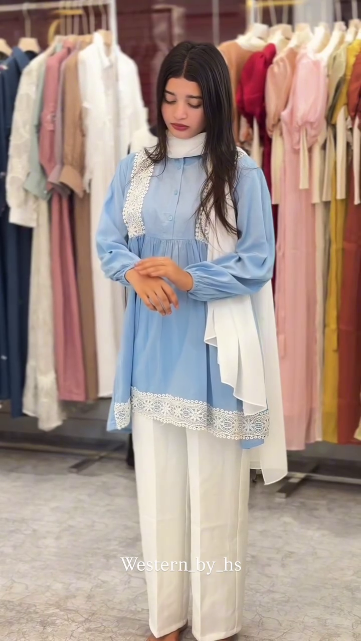 Soft Blue Tunic Set with Delicate White Lace Finish - Image 4