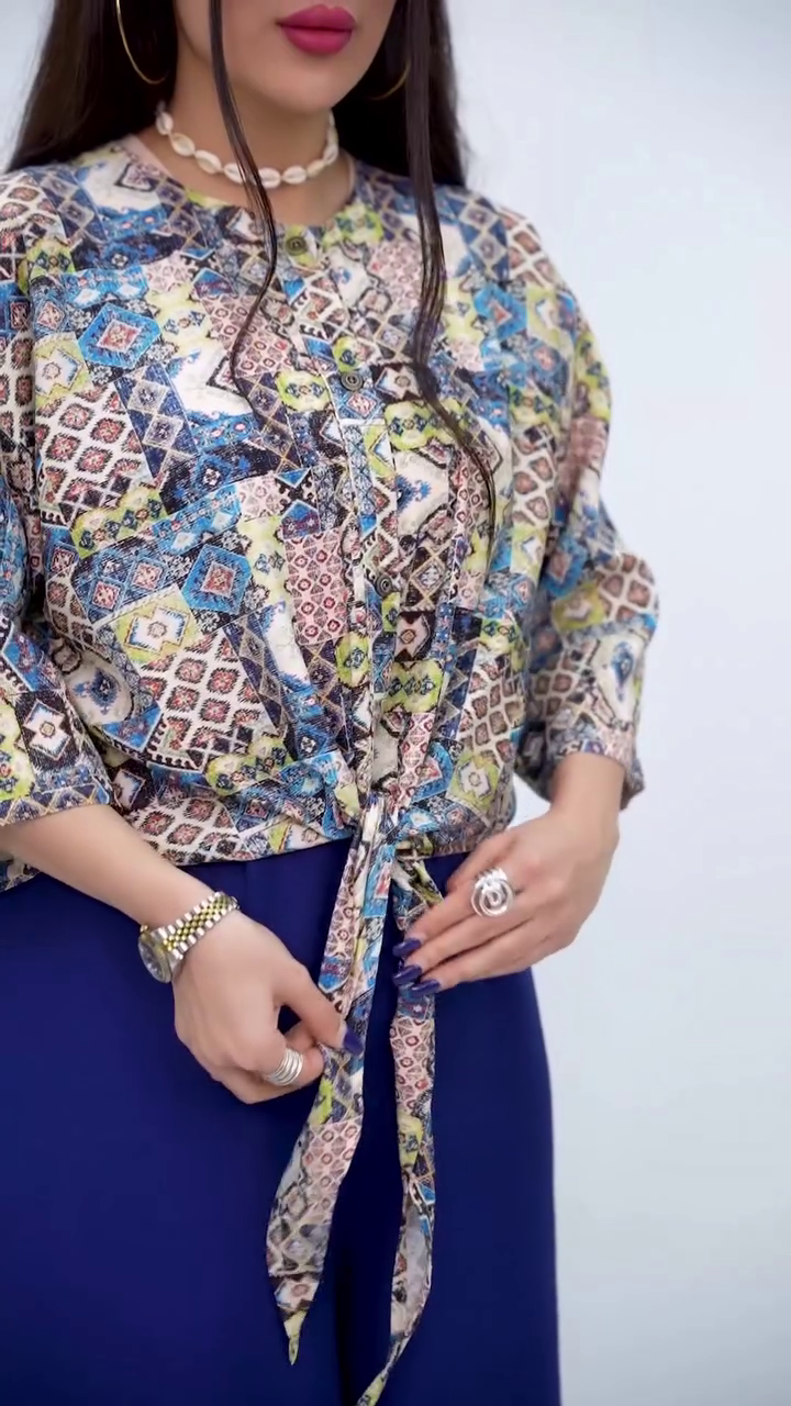 Artistic Printed Tie-Front Top with Earthy Tones - Image 7