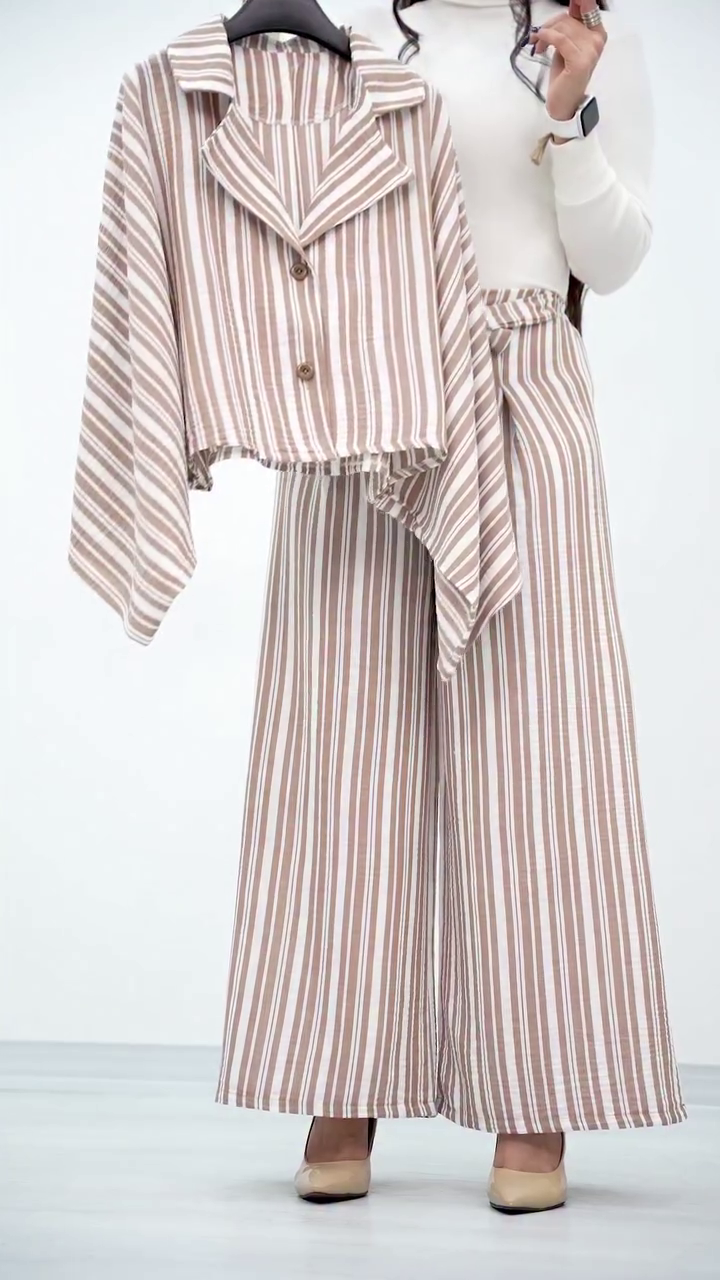 Elegant Beige Striped Co-Ord Set with Statement Sleeves - Image 6