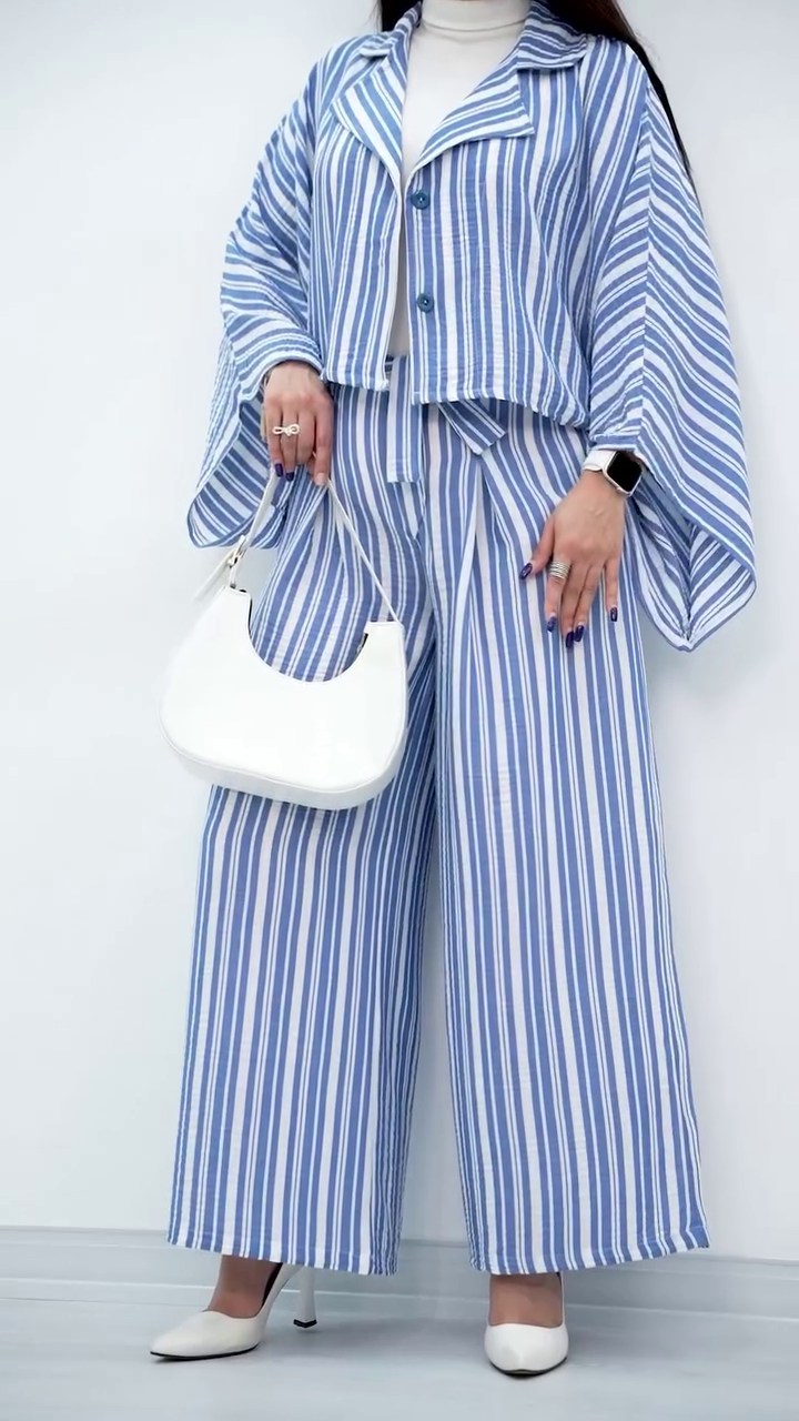 Elegant Beige Striped Co-Ord Set with Statement Sleeves - Image 3