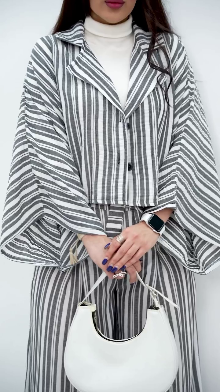Elegant Beige Striped Co-Ord Set with Statement Sleeves - Image 2