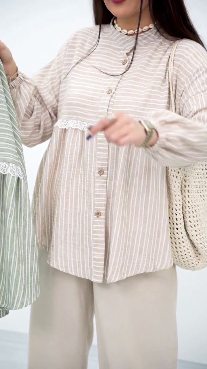 Chic Grey Striped Top with Delicate Lace Detail - Image 7