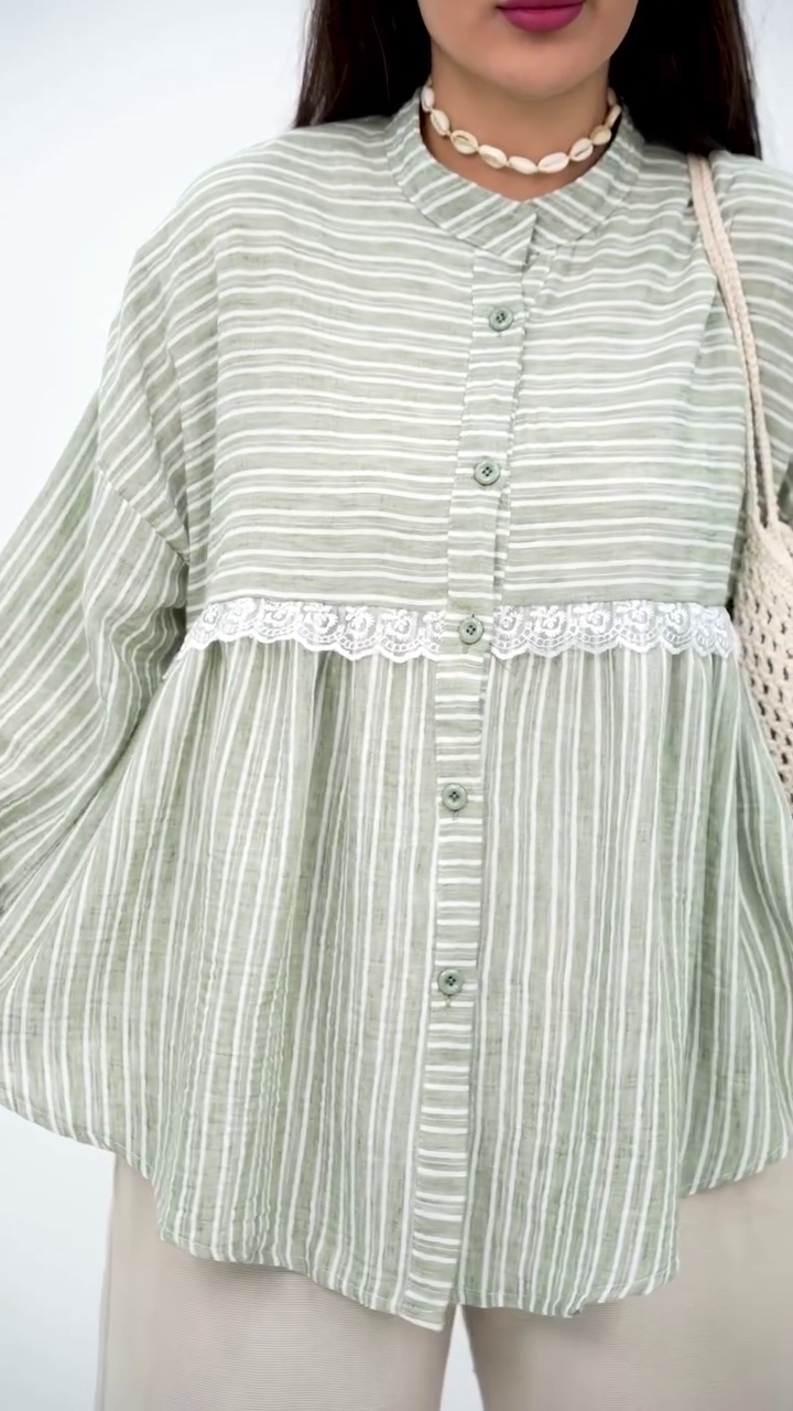 Chic Grey Striped Top with Delicate Lace Detail - Image 6
