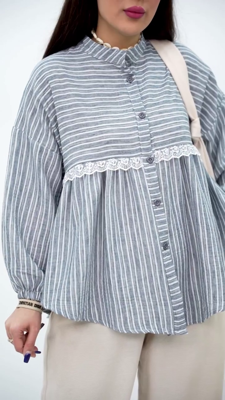 Chic Grey Striped Top with Delicate Lace Detail - Image 3