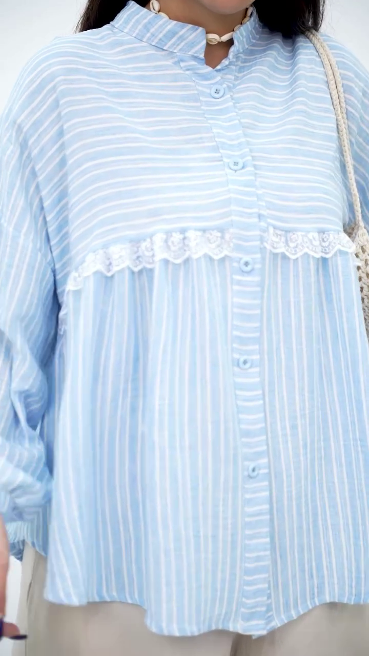 Chic Grey Striped Top with Delicate Lace Detail - Image 2