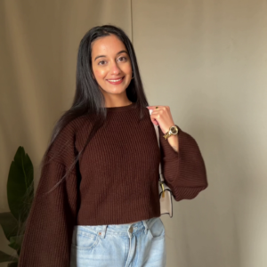 Chic Brown Knit Sweater with Casual Denim Look