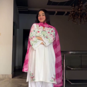 Elegant White Floral Suit with Pink Dupatta