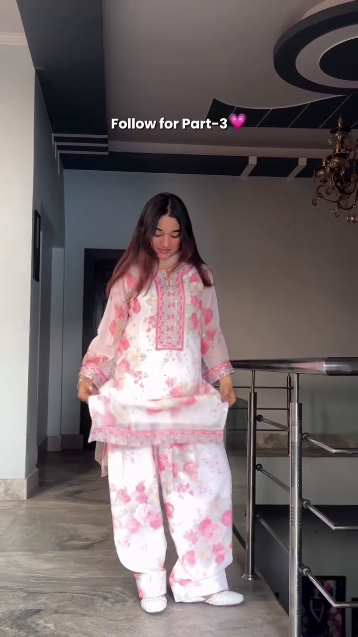 Elegant White Floral Suit with Pink Dupatta - Image 3