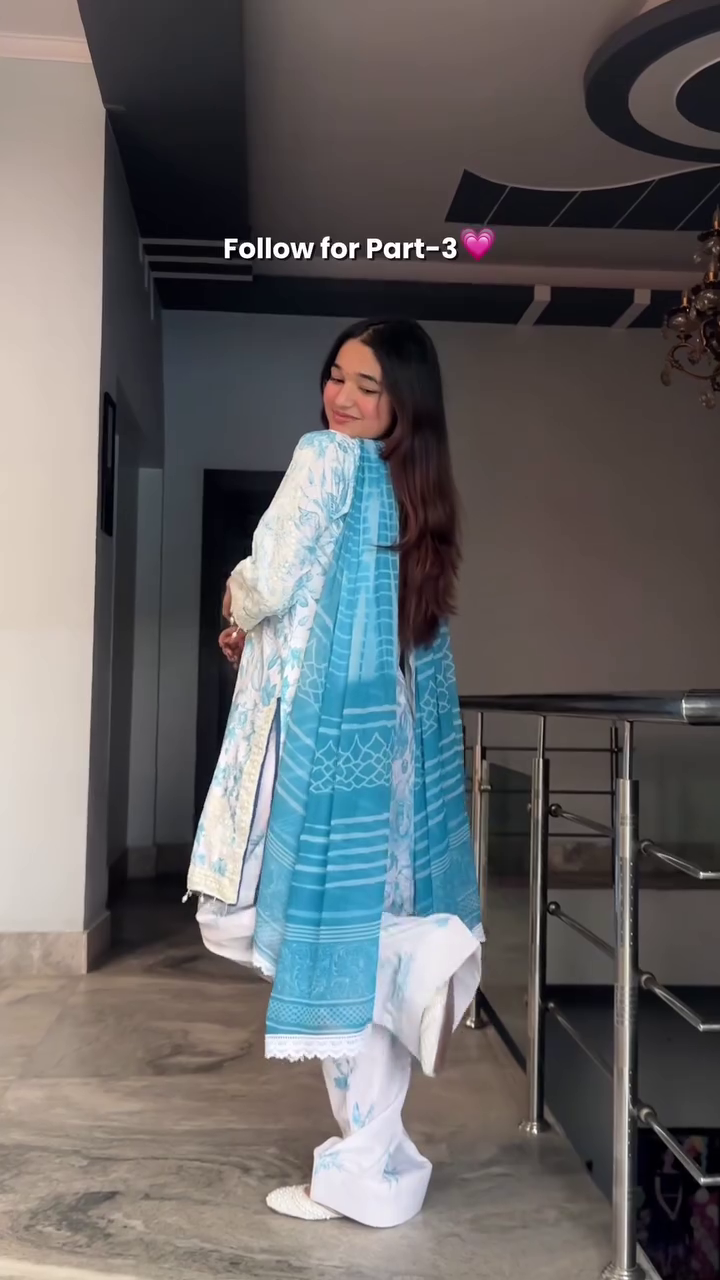 Elegant White Floral Suit with Pink Dupatta - Image 2