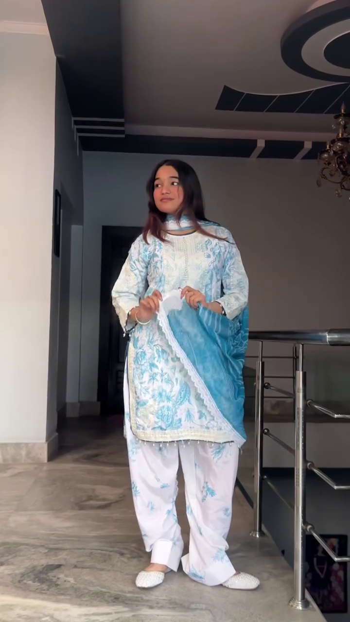 Elegant White Floral Suit with Pink Dupatta - Image 8