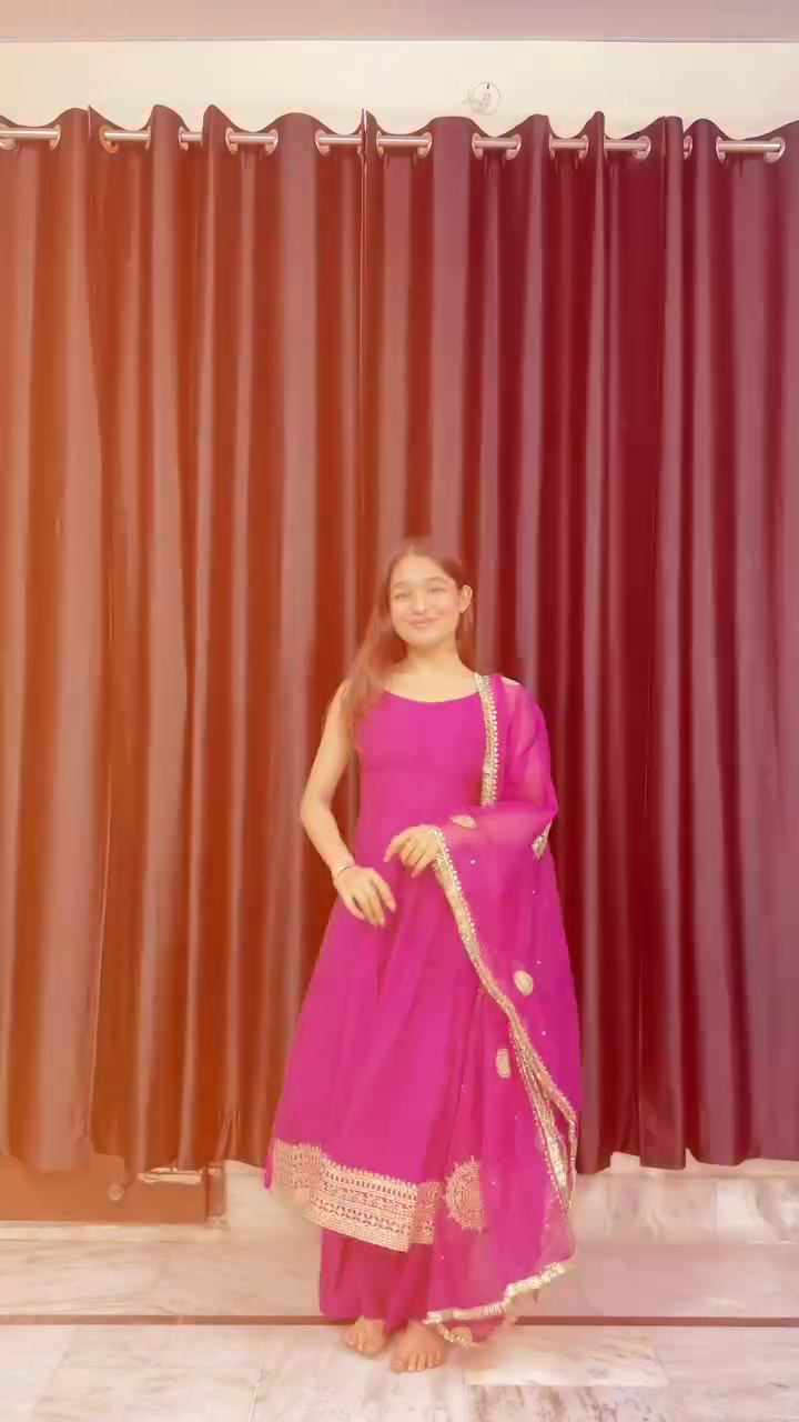 Vibrant Fuchsia Anarkali Set with Golden Border Detailing - Image 3