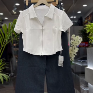Stylish White Crop Top & Wide Leg Jeans Set