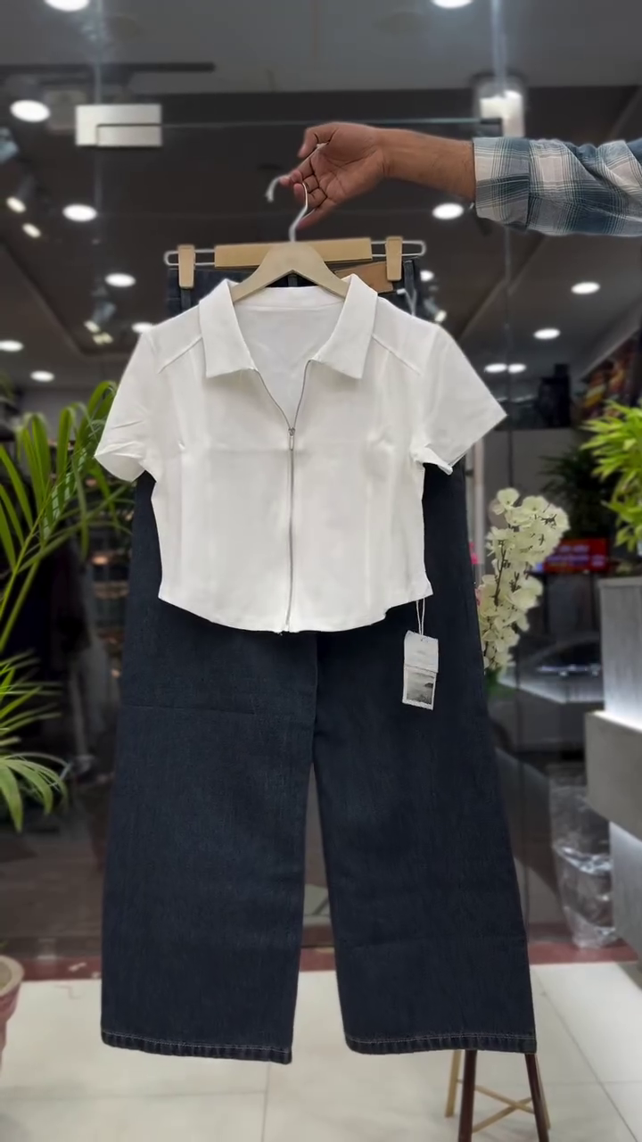 Stylish White Crop Top & Wide Leg Jeans Set